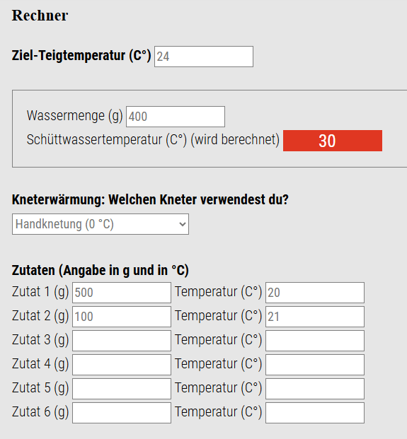 Screenshot Schüttwasser Rechner für Teigtemperatur